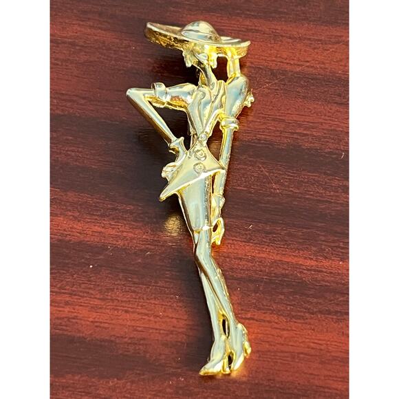 VTG 80s 90s Couture Lady With Hat Brooch Gold Tone Model Fashionista Glam - Picture 1 of 4